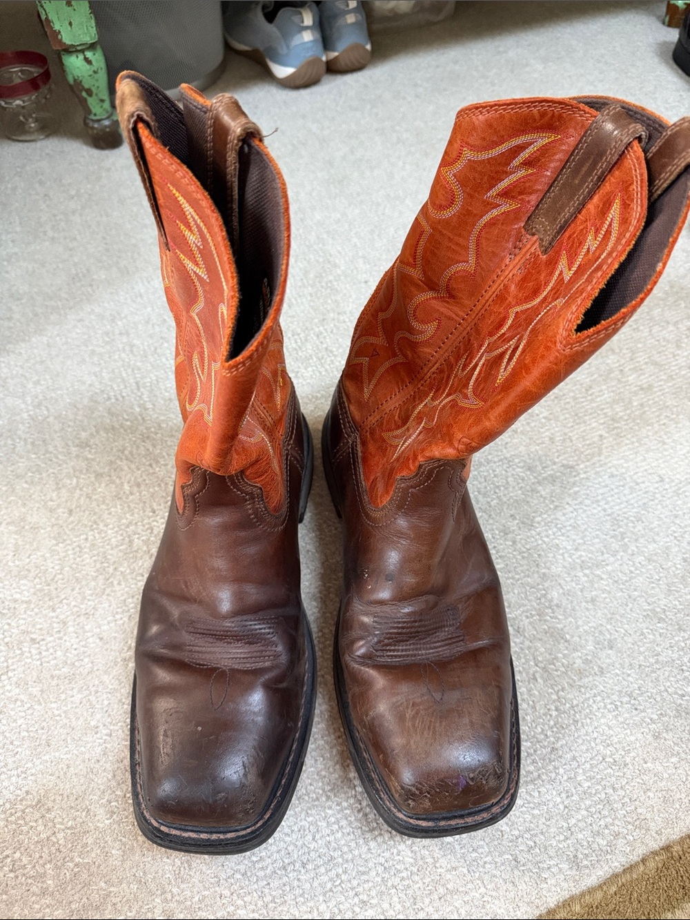 Ariat Brown Leather Cowboy Boots with Orange Embroidered Shaft